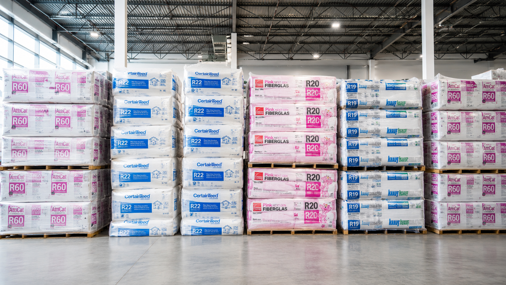 Insulation inventory stacked on the warehouse floor
