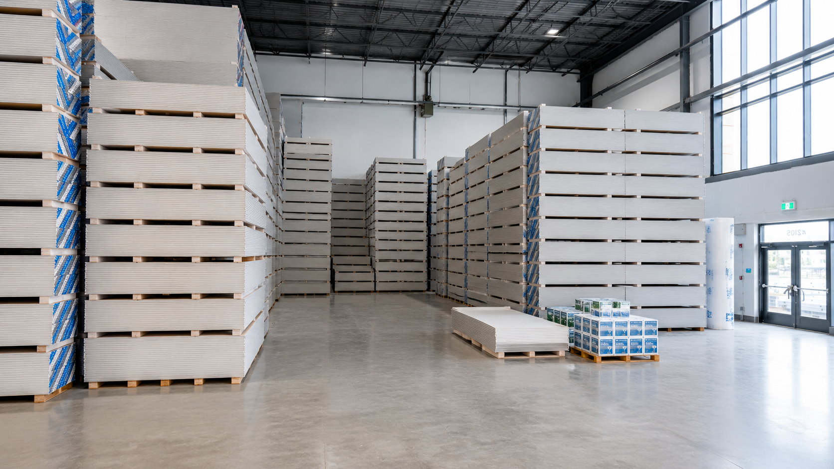 Warehouse with palletized board product