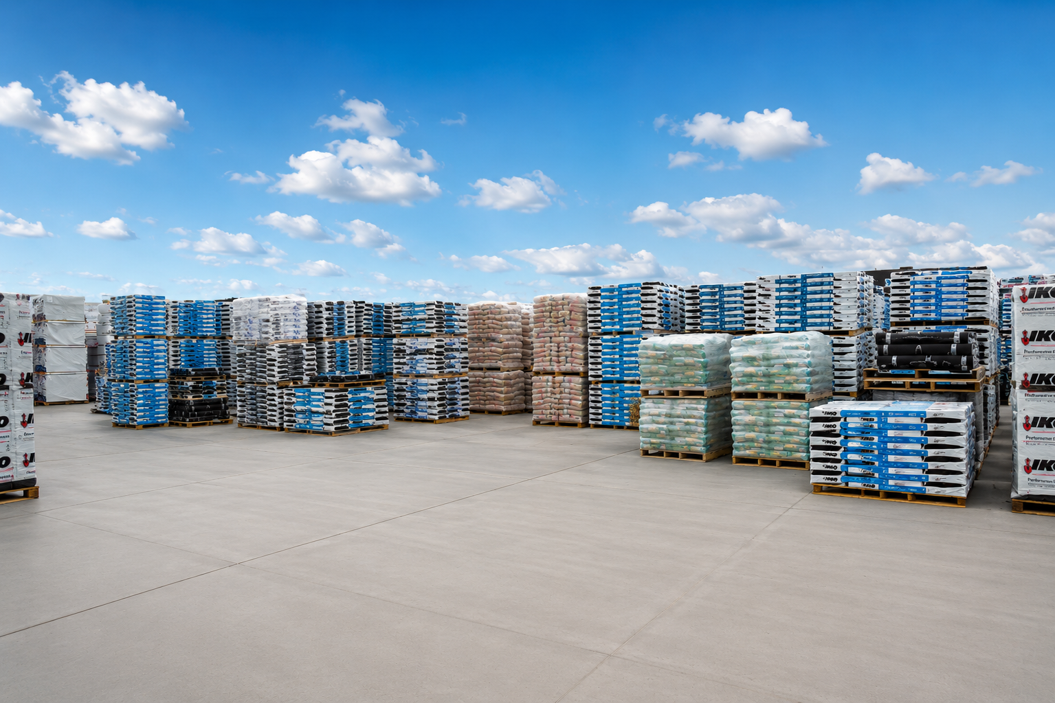 Outdoor roofing material yard with pallets of shingles